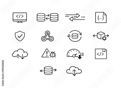   API Integration. Line outline icon set of API Integration: api endpoint, data exchange,