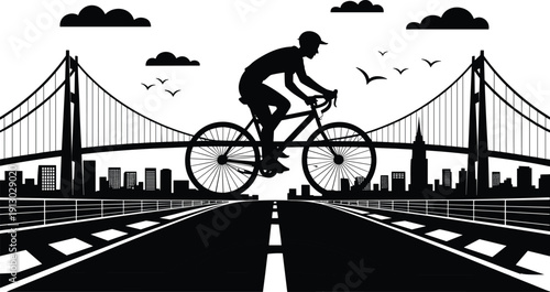 Cyclist silhouette riding bicycle on road toward suspension bridge with city skyline, birds, and clouds, symbolizing urban journey artwork