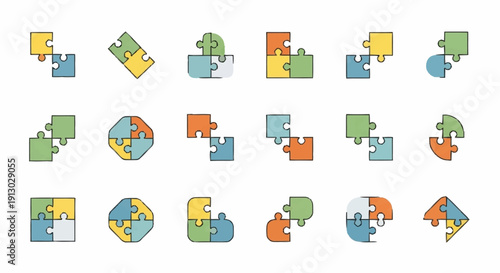 Colorful Puzzle Pieces in Various Configurations.