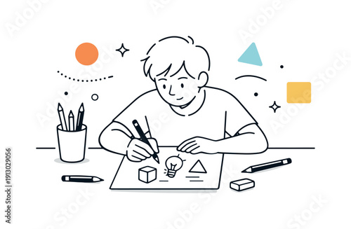 The process of creating art. A calm editorial scene of an artist sketching initial ideas on paper, surrounded by pencils and simple shapes.