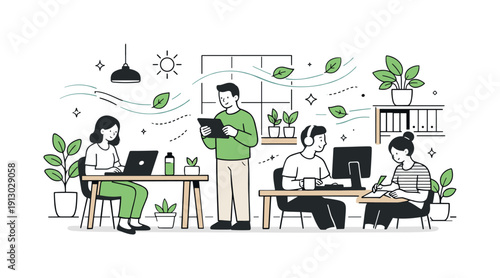 Eco-friendly workplace concepts. Employees working in a bright office filled with plants, natural light, and wooden elements. Calm productive