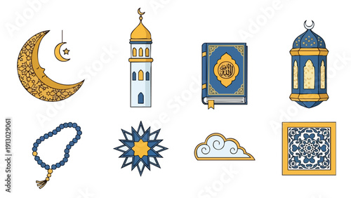 Flat lay of various Islamic symbols and icons on a white background with blue and gold colors.