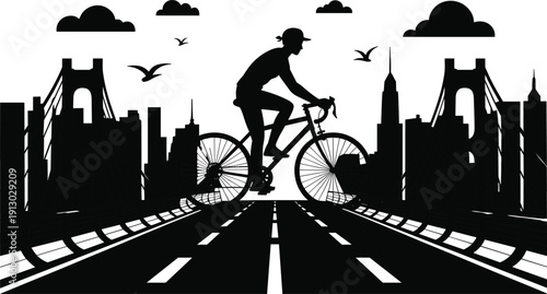 Cyclist silhouette riding bicycle on urban road through city skyline with bridges, birds, and clouds, symbolizing commuting and city life artwork