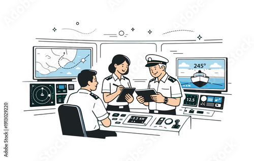    Marine navigation systems. A ship bridge interior with digital navigation screens and charts, crew calmly reviewing route data together. The