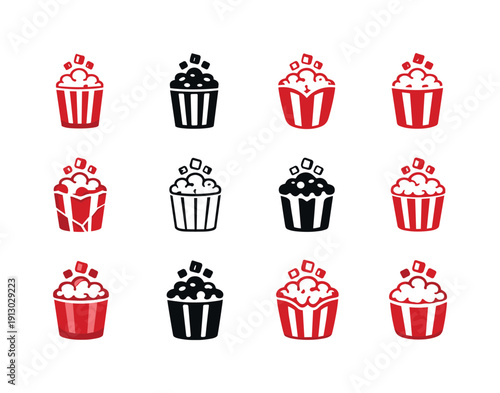 popcorn with sugar. Icon set. Set Logo of popcorn with sugar: striped popcorn tub with sweetness. harmonious logo variations of the same