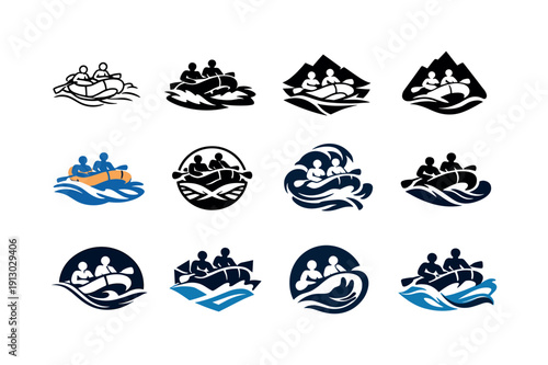 River rafting. Icon set. Set Logo of River rafting: inflatable raft on rapids. harmonious logo variations of the same emblematic concept,