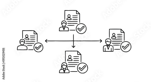 Document Approval Workflow With People Icons And Checkmarks.