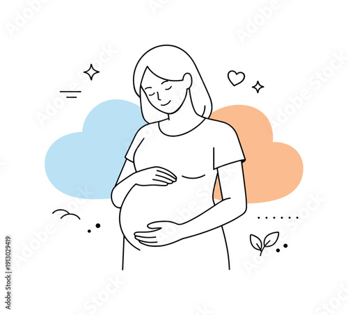 Pregnancy and childbirth. An expectant parent gently holding their belly, standing calmly with soft abstract shapes around. The scene conveys
