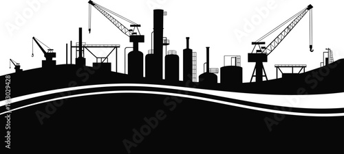Industrial landscape silhouette with cranes, storage tanks, chimneys, and frameworks, symbolizing heavy industry, manufacturing, and urban development artwork