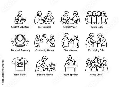 Youth Volunteer Icons. Youth Volunteering. Line icon set of Youth Volunteering: student volunteer, peer support, school project, youth team, backpack giveaway,