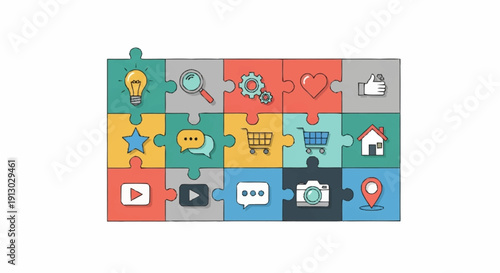 Colorful Puzzle Pieces with Various Icons.