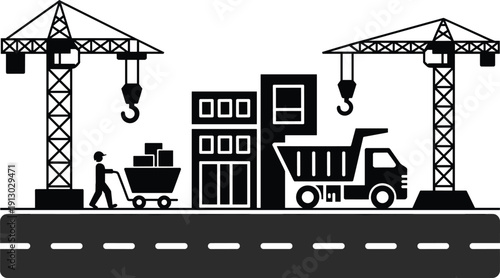 Black and white construction site illustration with cranes, buildings, worker, and dump truck symbolizing urban development, labor, and infrastructure design themes