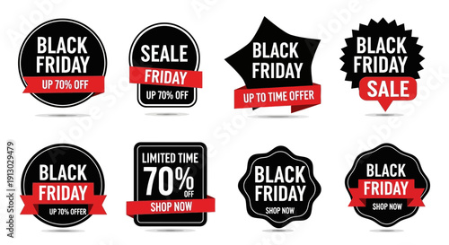 Black friday sale badges with red ribbons and text on white background
