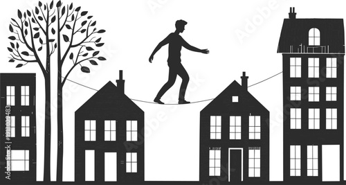 Silhouette of person walking tightrope between city rooftops with trees, symbolizing balance, risk, and urban exploration artwork