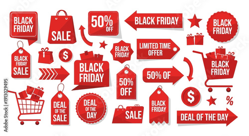 Black friday sale elements red vector graphics for shopping discounts