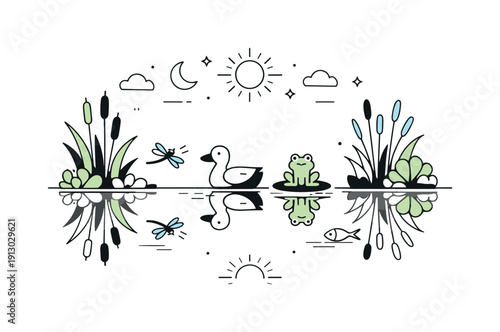 Serene Lake Reflection. Lake habitat. Still water surface reflecting surrounding plants and small animals. Peaceful mood with minimal ripples and balanced