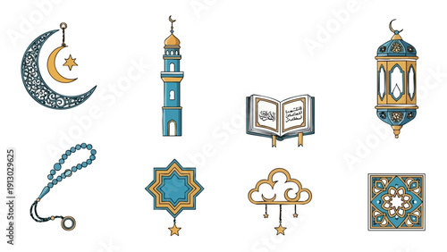Flat lay of various Islamic Ramadan icons and symbols on a white background with blue and gold details.