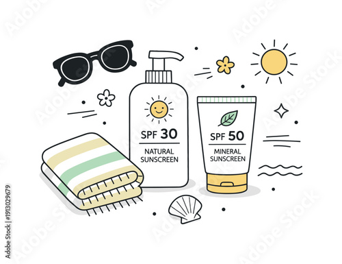 Natural sunscreen bottles. Flat lay composition with sunscreen bottles, sunglasses, and a small towel. Relaxed beach-ready mood and conscious