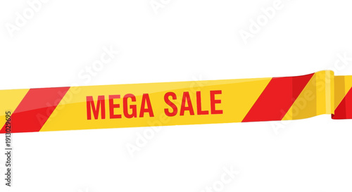 Bold yellow and red ribbon declaring mega sale against white background