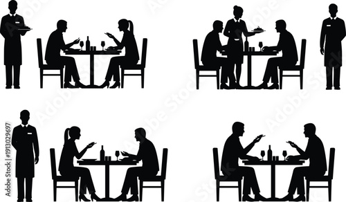 Restaurant dining waiter and couple eating silhouette collection in black vector illustration isolated on light background hospitality concept design