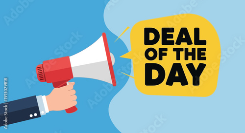Announcement graphic hand holding megaphone with deal of the day message