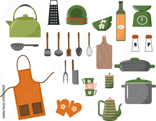 Collection of kitchen utensils and cookware illustration. Culinary tool set for cooking, baking, and preparing food. Utensils for home cooking.