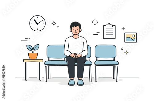 Waiting rooms neutrality. Person sitting quietly in a waiting area, hands in lap, facing forward. Neutral posture and calm, passive