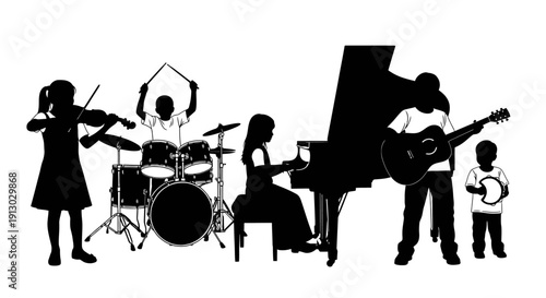 Group of Musicians Playing Various Instruments Together.