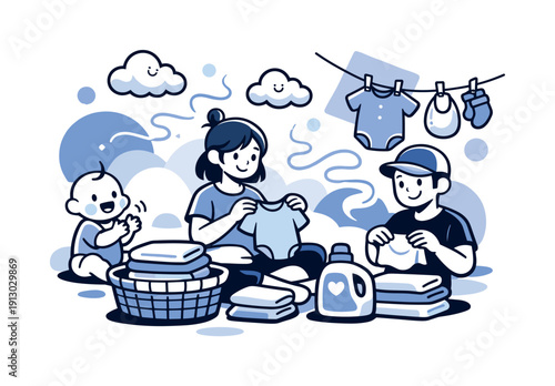   Laundry day for baby. Freshly washed baby clothes being folded, small clouds and scent lines