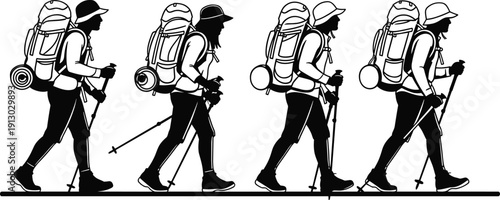 Backpacker hikers walking with trekking poles outdoor adventure travel silhouette vector illustration isolated on white background