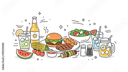 Summer food and beverages. Grilled food and cold drinks on a table, relaxed seasonal mood and outdoor enjoyment. Grill marks, ice cubes, and