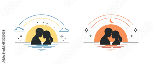 Sunrise Romance Silhouettes. Sunrise and sunset love concept. Abstract silhouettes of a couple framed by a rising or setting sun, quiet balance and emotional