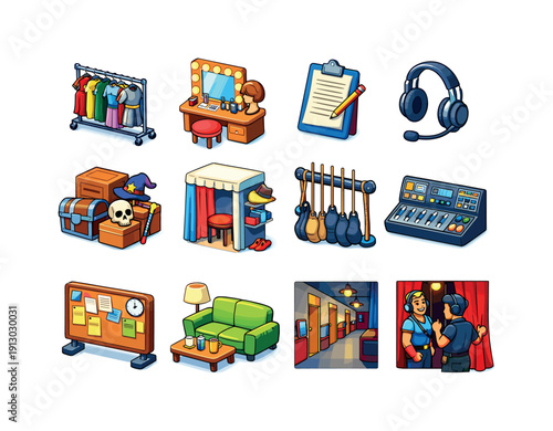 Backstage Theater Icons. Backstage theater. Colorful isometric vector icons set of backstage theater: costume rack, makeup station, script clipboard, stage