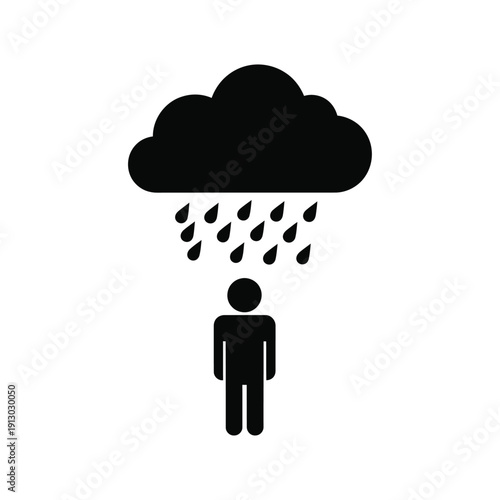 Vector illustration icon simple black silhouette of a person standing under a rain cloud