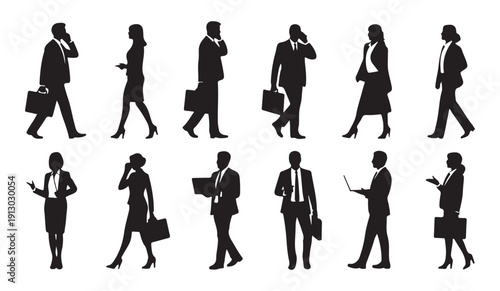 Full body silhouettes of business people walking, talking on phones, and carrying briefcases in urban professional settings