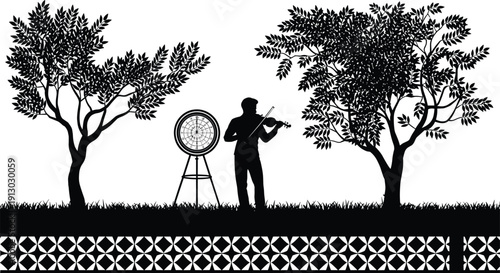 Silhouette of person playing violin between trees with dartboard and patterned ground, symbolizing music, nature, and artistic harmony