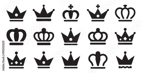 Set of black crowns vector graphic, a diverse collection of royal headwear symbols on white