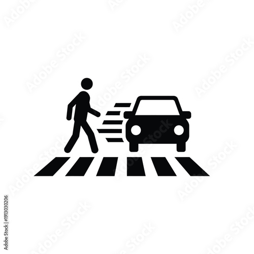 Vector illustration icon person crossing road with car approaching, pedestrian on zebra crossing, traffic safety concept