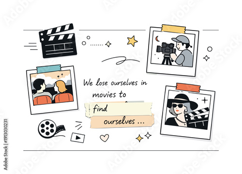 Cinema inspiration scrapbook. A scrapbook page with taped photos, a clapperboard icon, and a partially obscured handwritten quote, capturing