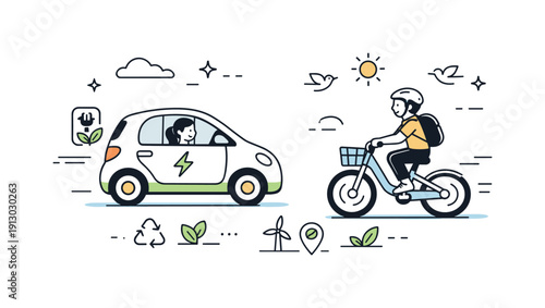 Eco-Friendly Urban Travel. Sustainable urban transport. A small electric car and a bike sharing the road peacefully, expressing low-emission travel and modern