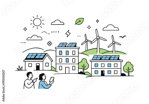Renewable energy adoption. A calm city landscape with solar panels on rooftops and wind turbines in the distance, clean and optimistic. The