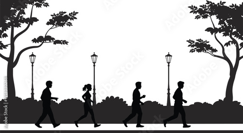 Black silhouette park illustration with four people jogging and walking, stylized trees, street lamps, shrubbery, outdoor exercise, community activity, serene urban design concept