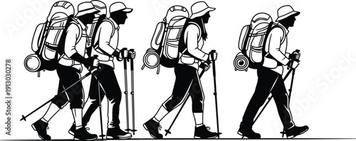 Hiking backpackers walking with trekking poles outdoor adventure travel silhouette vector illustration isolated on white background