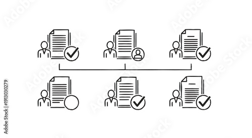 Document approval process with user verification and task completion icons.