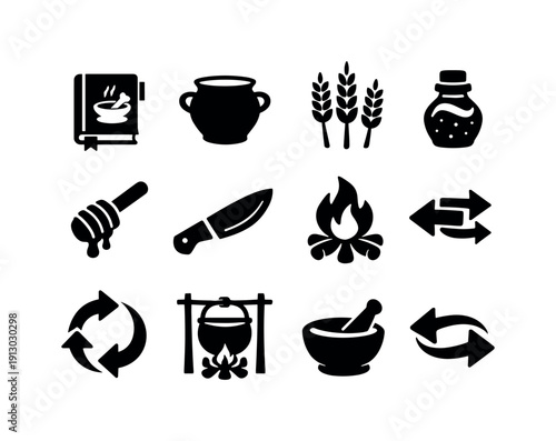   Ancient cuisine revival. Filled icon set of Ancient cuisine revival: historical cookbook,