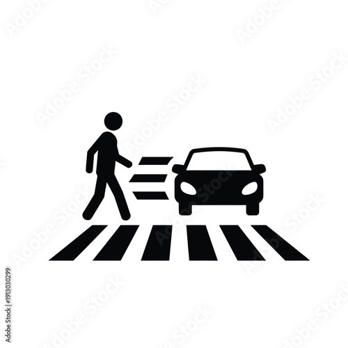 Vector illustration icon person crossing road at pedestrian crossing with car approaching