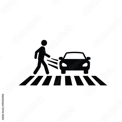 Vector illustration icon person crossing road with car approaching, pedestrian and vehicle in black silhouette