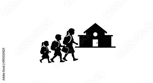 Mother and Children Walking to School Silhouette.