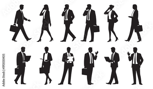 Corporate silhouettes of busy employees walking holding briefcases and using gadgets for work tasks