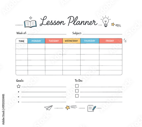 Printable lesson planner page. Empty timetable blocks and headings on a single sheet, ready to be filled in. Simple and practical design with